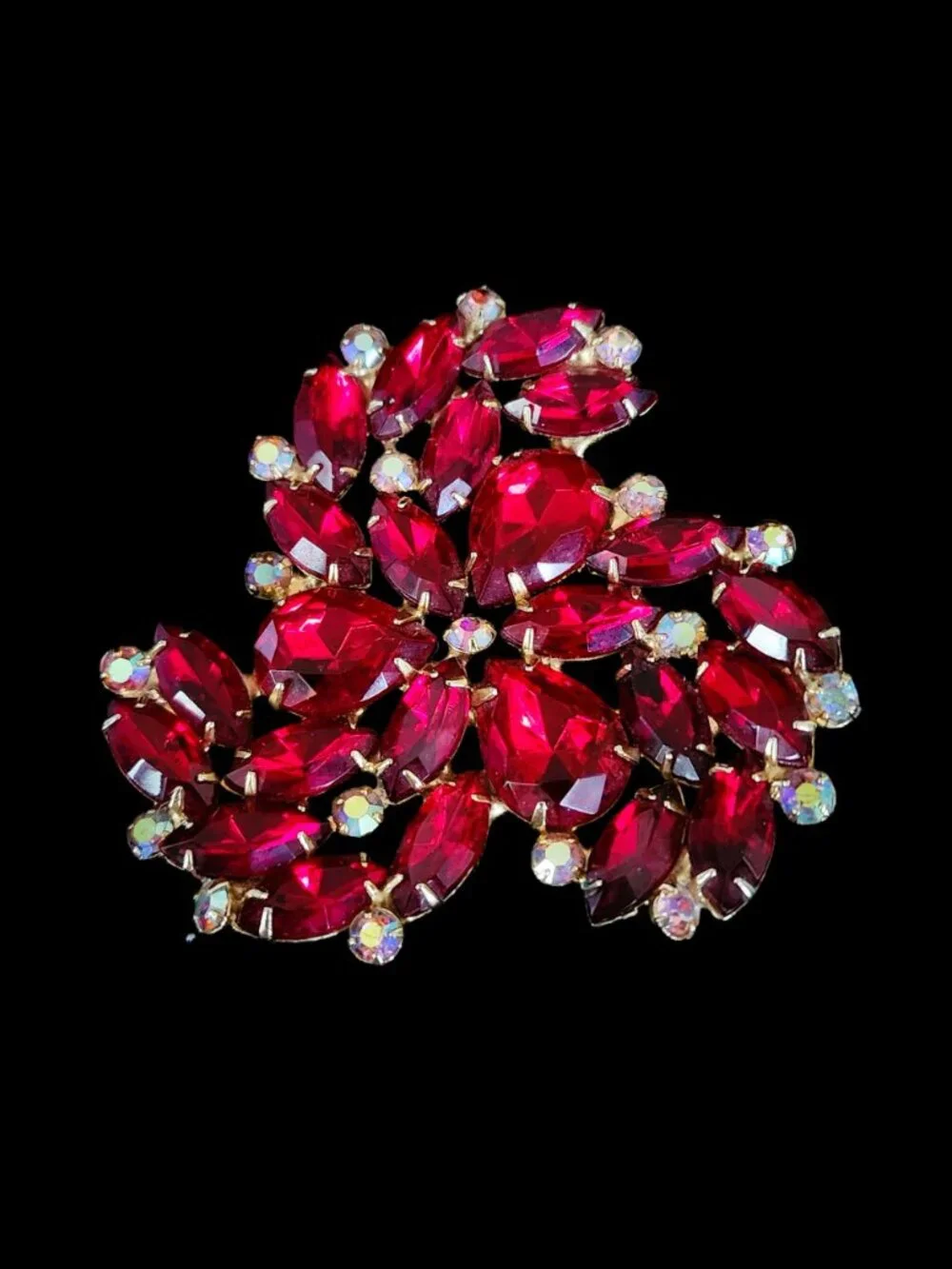 VTG Mid-Century Ruby Red & AB Rhinestone Statement Brooch Pin 2.75